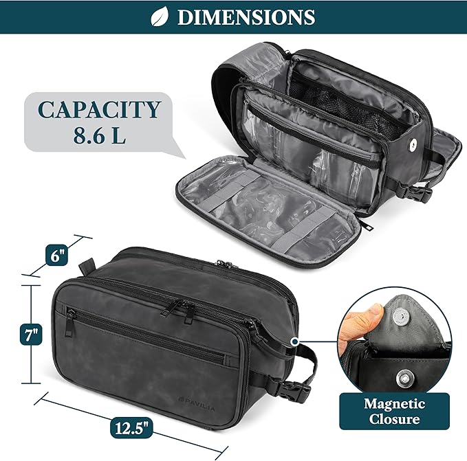 PAVILIA Toiletry Bag for Men, Hanging Travel Dopp Kit Organizer, PU Leather Water Resistant Bathroom Bag for Shaving Grooming, Large Capacity Cosmetic Bag Travel Essentials, Black
