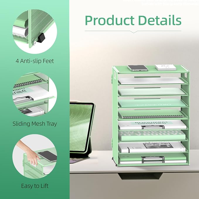 DALTACK 9-Tier Paper Organizer for Desk, Mesh Letter Tray Desk Organizer with Handles, Space-Saving File Organizer for Office Home School Classroom, Mint Green