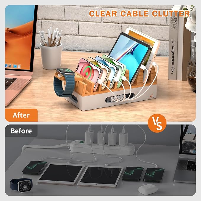 Pezin & Hulin Bamboo Charging Station Organizer for Multiple Devices & Wood Desktop Docking Charging Stand Such As Cell Phone, Tablets, Phone Case and Watch Stand(No USB Charger) (Natural + White)