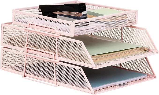 Mind Reader 2 Tier Paper Tray with Top Supply Compartment, Desktop File Organizer, Metal Mesh, Pink