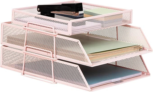 Mind Reader 2 Tier Paper Tray with Top Supply Compartment, Desktop File Organizer, Metal Mesh, Pink