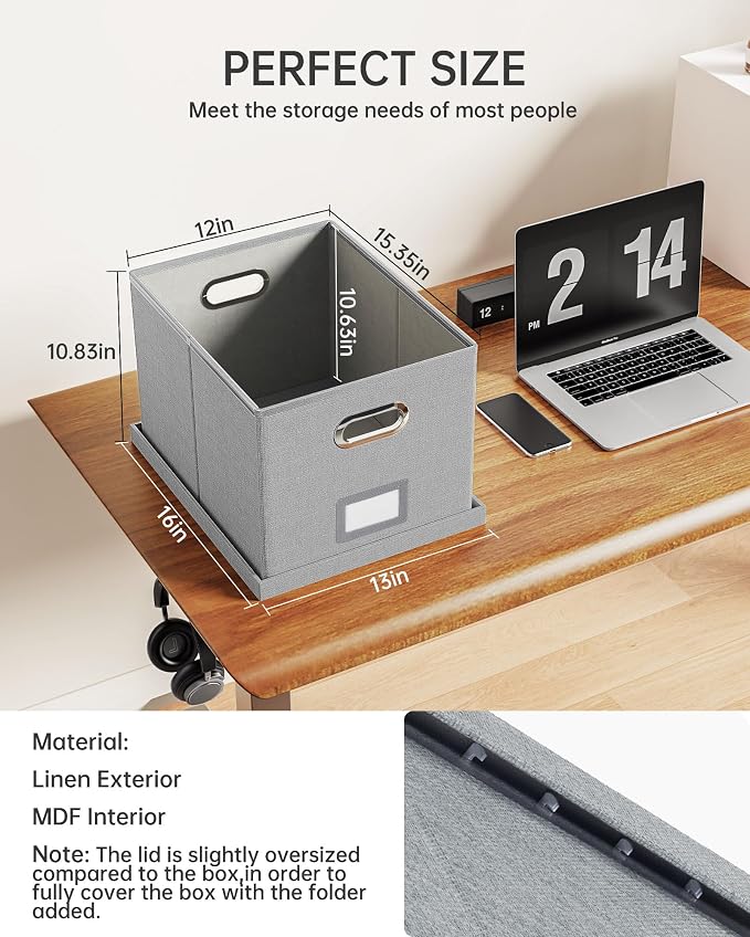 2 Pack File Storage Organizer, Filing Box, Portable File Box with Lid, Fit for Letter/Legal File Folder Storage, Document Organizer, Gray