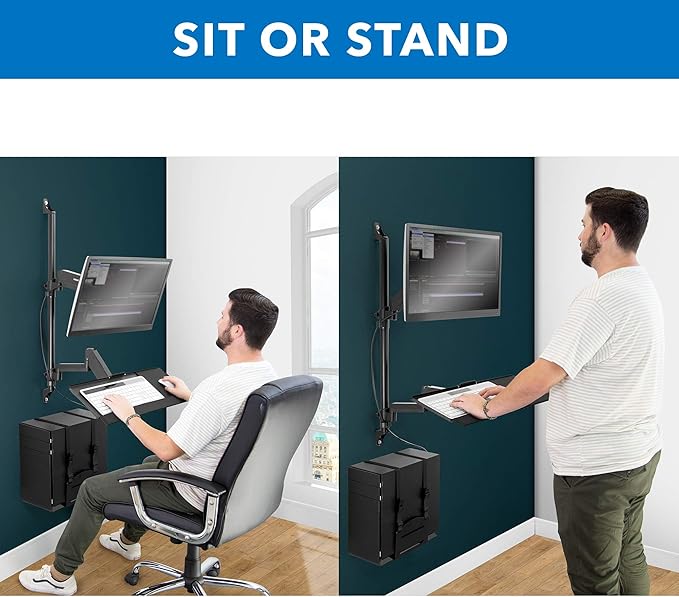 Mount-It! Single Monitor Arm Wall Mount Workstation with Keyboard Tray & CPU Holder, Height Adjustable Gas Spring Full Motion Computer Station, Fits 17??2??VESA 75x75 100x100, Black
