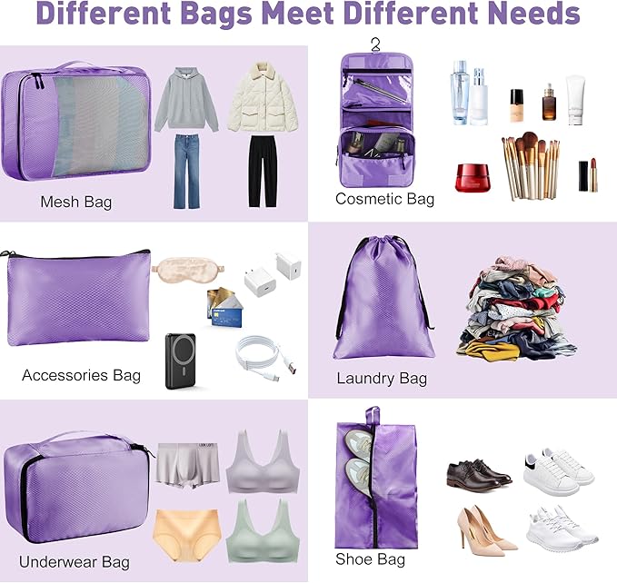 Toncoke 8-Piece Packing Cubes for Travel, Mesh Luggage Organizers with Shoe Bag, Toiletry Bag, Laundry Pouches, 4 Sizes (XL/L/M/S) for Suitcase Organization, Men Women Kids, Purple
