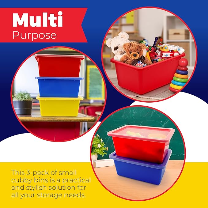 4E's Novelty Plastic Storage Bins with Lids, 5 Qt, 3 Pack, Colorful Plastic Cubby Storage Bins, Stackable Organizer Cubbies for Classroom Organization and Storage or Home (11.4" x 7.75" x 5")