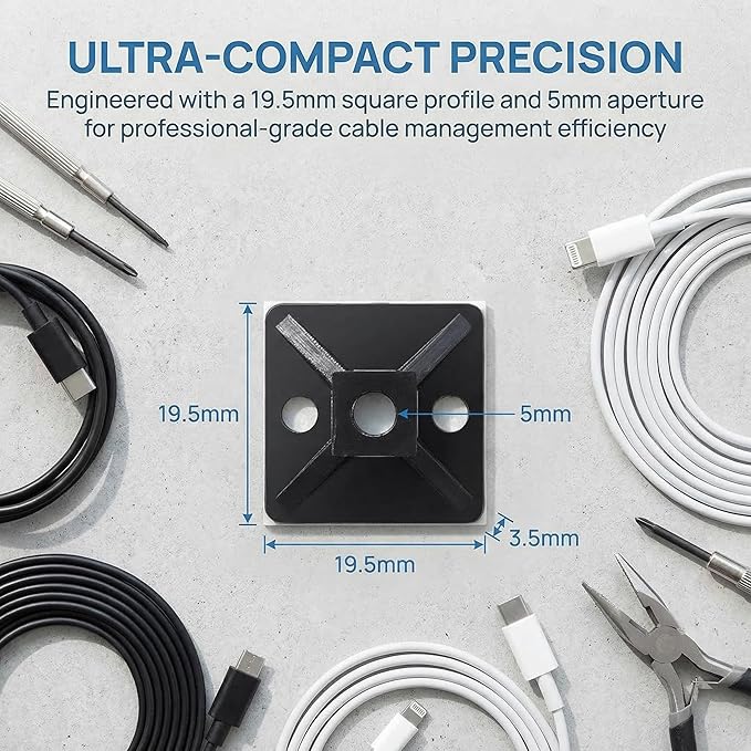 3/4-Inch Black Self-Adhesive Cable Tie Mounts - 100 Pack, Screwless Wire Clips Holders for Organizing Cables, Adhesive Anchors for Home Office Car Desk