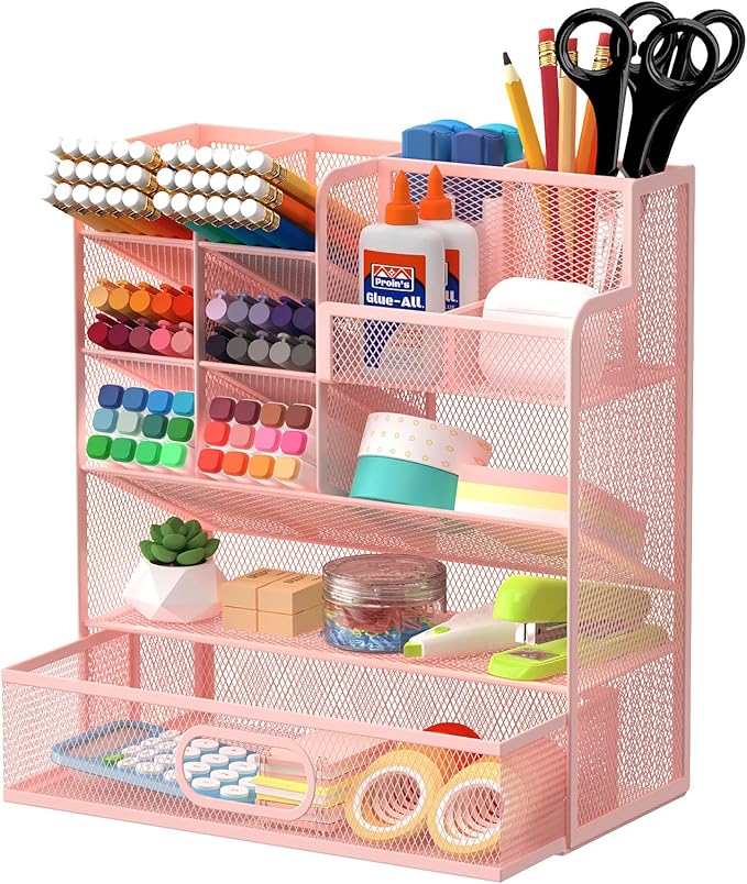 Pen Organizer for Desk - Multi-Functional Pencil Holder with Drawer Desk Organizers, Large Capacity Storage for School Office Home Supplies (Pink)