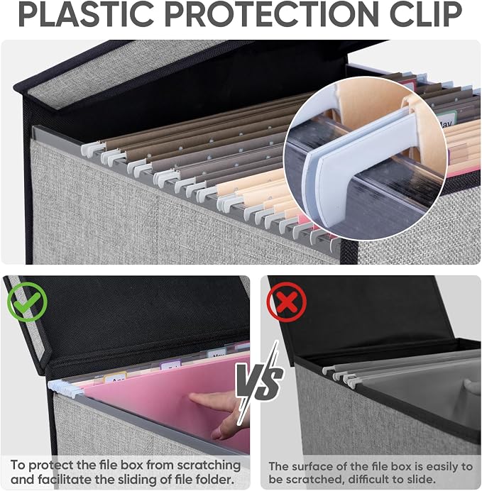 BALEINE File Organizer Box with Lid, Collapsible File Folder Organizer with Plastic Slide, Hanging File Folder Box for Office Document Storage (Tab Friendly, 2 Pack, Grey)