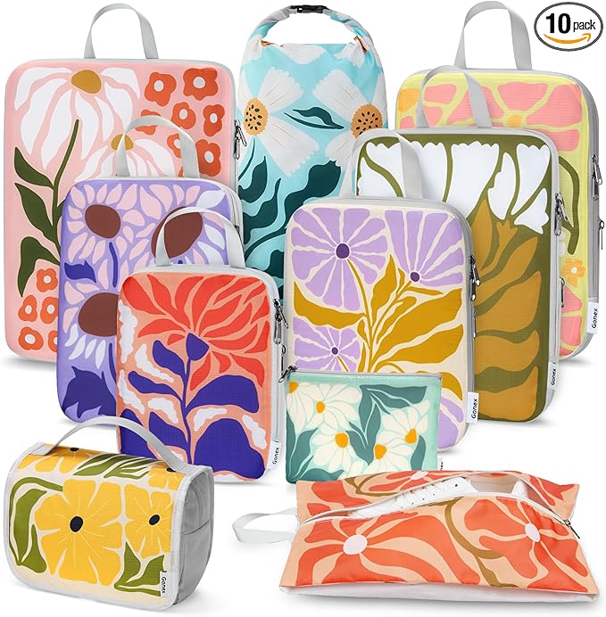 Gonex Compression Packing Cubes, 10pcs Expandable Storage Travel Luggage Bags Organizers with Hanging Toiletry Bag Laundry Bag Shoe Bag Accessories Bag, Travel Cubes for Suitcase Carry On (Flowers)