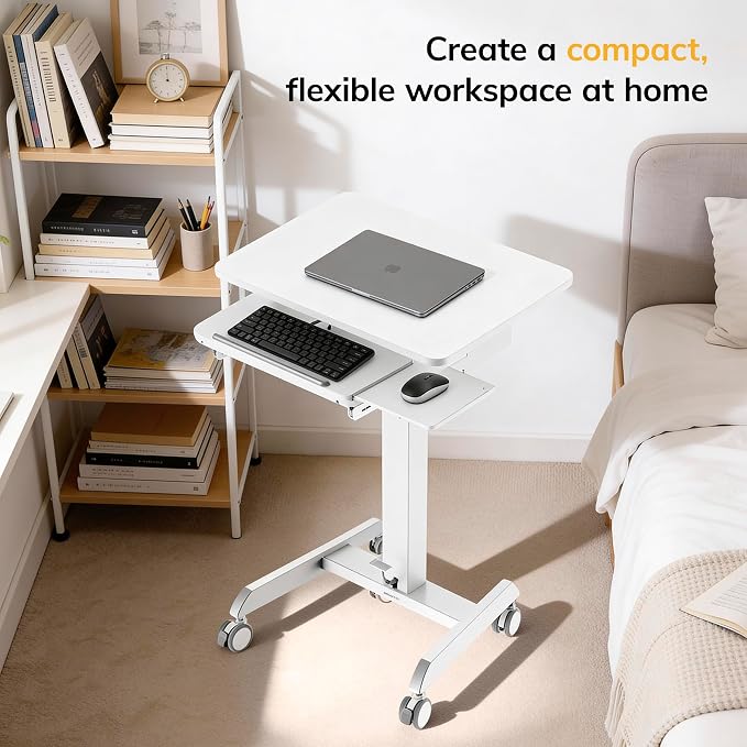 Mount-It! Height Adjustable Rolling Laptop Desk with Keyboard Tray, Mobile Sit-Stand Computer Cart with Wheels, Small Standing Desk for Home, Office, or Classroom, 23.6" x 20.5", White
