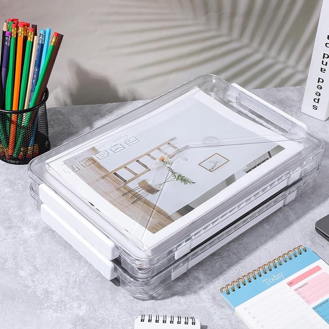 4 Pack Clear Plastic File Boxes with Handle, Modern Style, Stackable, Water Resistant, A4 Letter File, Document, Photo, Scrapbook Storage