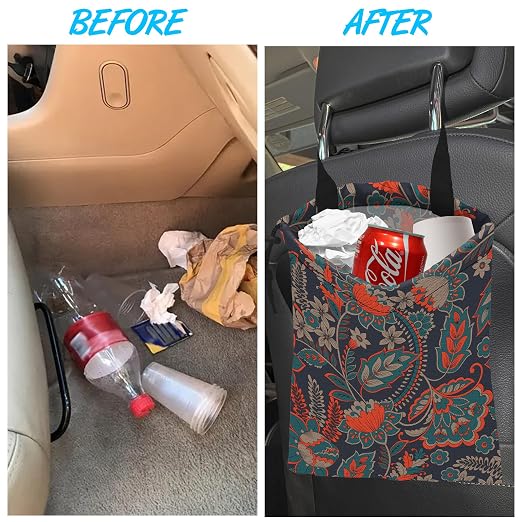 Car Trash Bag Hanging Luxury Paisley Flowers Car Trash Can Waterproof Garbage Bag Hanging for Car Back Seat