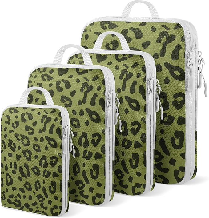 4 Set Compression Packing Cubes For Travel Bags Organizer For Luggage Suitcase Organizer, Compression Bags For Travel Accessories Luggage Storage Set (4 Pcs, Green Leopard)