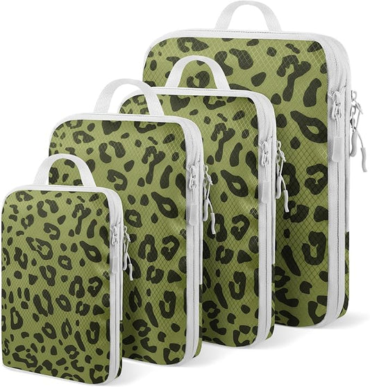 4 Set Compression Packing Cubes For Travel Bags Organizer For Luggage Suitcase Organizer, Compression Bags For Travel Accessories Luggage Storage Set (4 Pcs, Green Leopard)