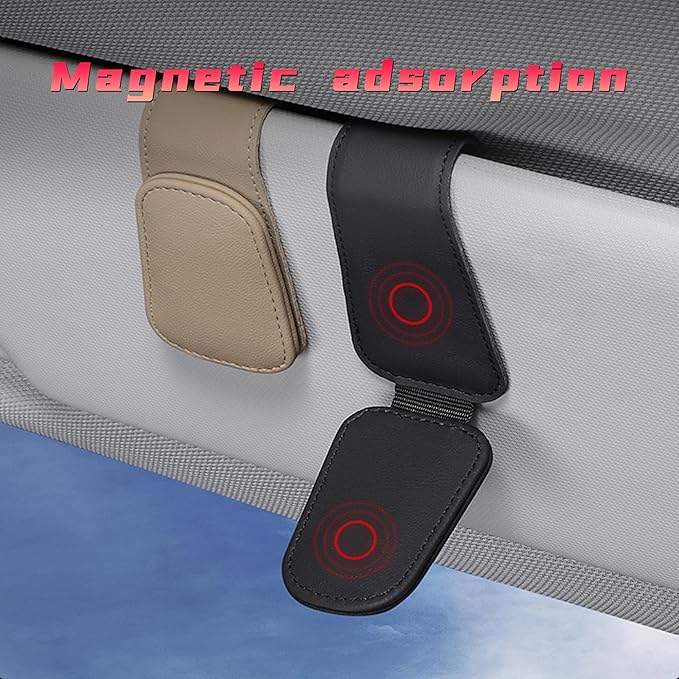 2PCS Sunglasses Holders for Car Sun Visor, Leather Eyeglasses Hanger Mounter, Magnetic Glasses Holder and Ticket Card Clip, Universal Auto Interior Accessories (Beige, 1PCS)