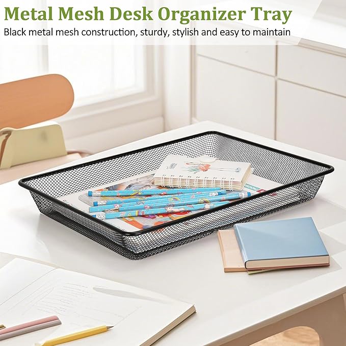 Office Metal Mesh Basket for Desk, Single Paper Tray Organizer, Turn in Trays Classroom, Flat Mail Letter Storage Basket for Office Home Drawers School (5, Black)