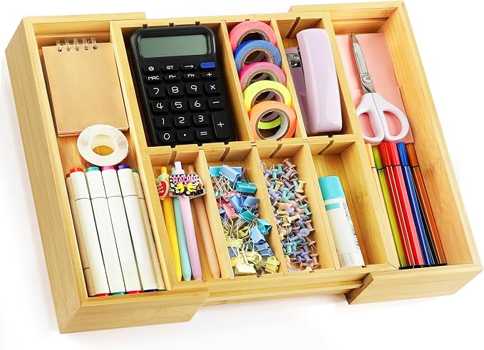 TREWAVE Bamboo Desk Drawer Organizer, Expandable Drawer Organizer Tray with Adjustable Dividers, Wooden Storage Organizers for Office Supplies, Crafts, Makeup & Kitchen Cutlery, 12.6" - 15.6" Wide