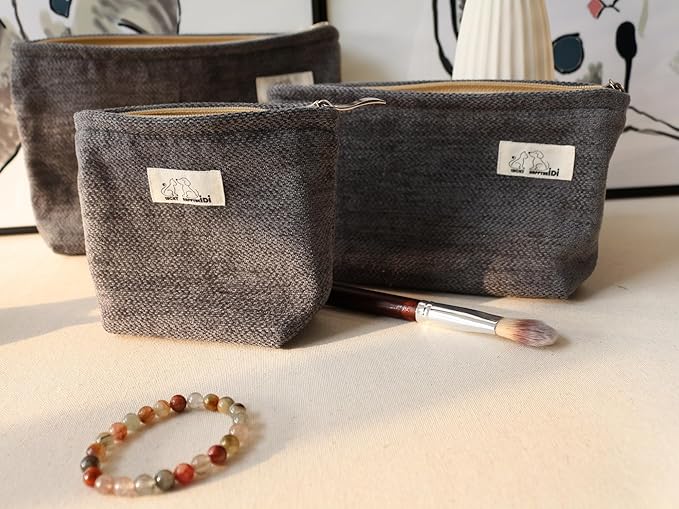 HAPPYHEIDI Gray Velvet Makeup Bag Set 3 with Compartment Cosmetic Toiletry Travel Pouch,Purse Accessory Organizer, 3-Size, Canvas Lined