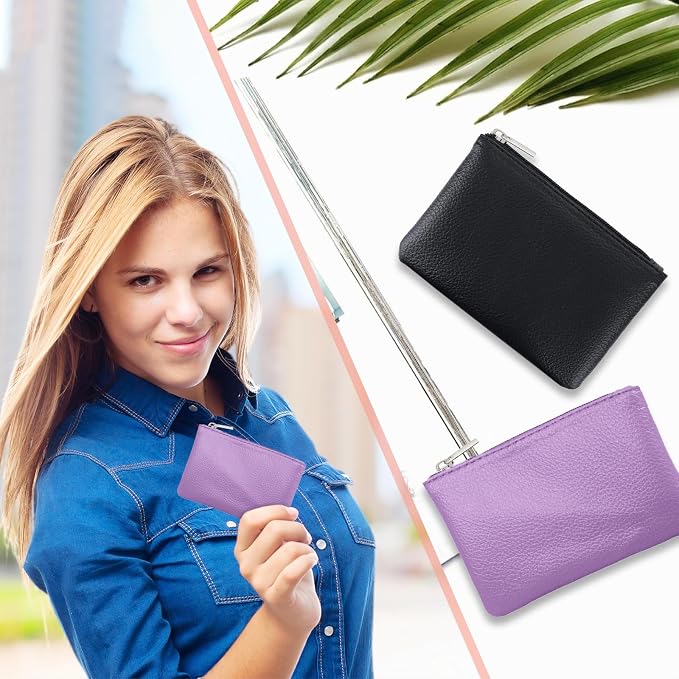 2 Pack Leather Zipper Coin Purse, Portable PU Leather Coin Purse,Mini Coin Pocket Pouch Change Holder, Coin Pouch with Zipper for Men Women Headset Credit Card ID Key Lipstick (Black&Purple)