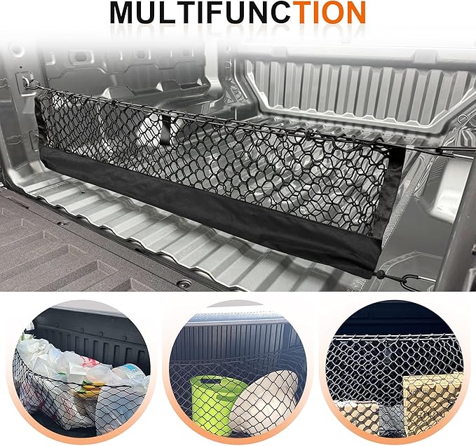 Truck Bed Cargo Net for GMC Sierra 1500 & Chevy Silverado 1500 2013-2024, Envelope Style Pickup Cargo Net with Storage Bag, Heavy Duty Elastic Mesh Organizer with Carabiners, Secures Groceries & Gear