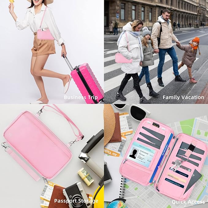 WALNEW RFID Family Passport Holder Wallet with Tracker/AirTag Holder, Travel Document Organizer Zipper Pouch with Wristlet and Cross Body Straps for Women Men