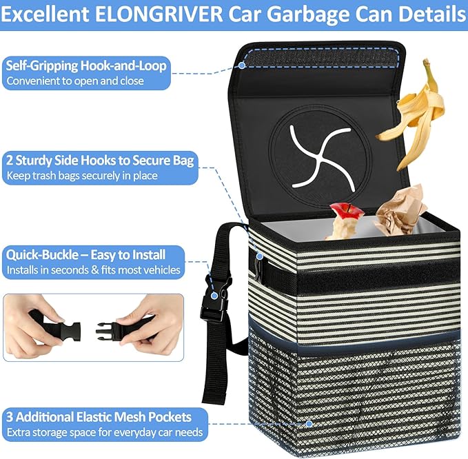 ELONGRIVER Car Trash Can Bin for Back Seat Leak Proof, Cute Car Trash Bag Hanging, Vehicle Trash Can for SUV Truck Van, Automotive Garbage Cans Front Seat Stripe