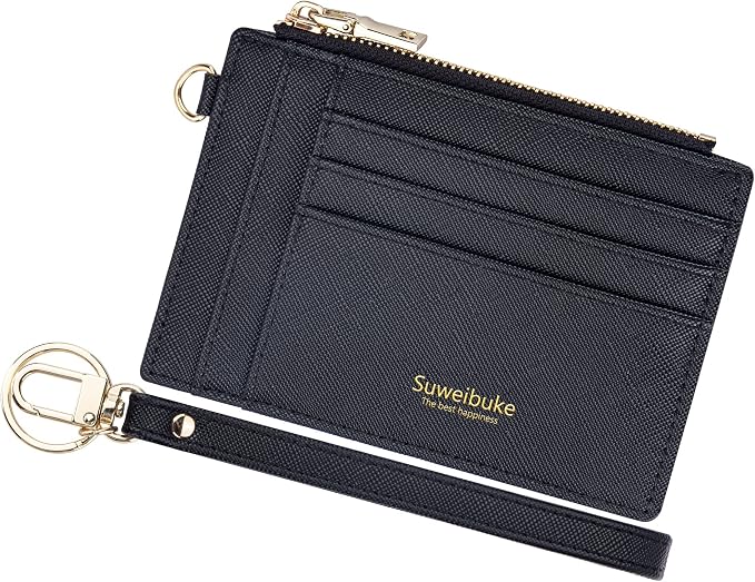 Wikavanli Women Slim Rfid Blocking Credit Card Case Holder Wristlet Zip ID Case Wallet Small Compact Leather Wallet Coin Purse with Keychain (Black a)