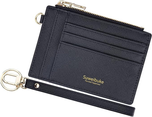 Wikavanli Women Slim Rfid Blocking Credit Card Case Holder Wristlet Zip ID Case Wallet Small Compact Leather Wallet Coin Purse with Keychain (Black a)