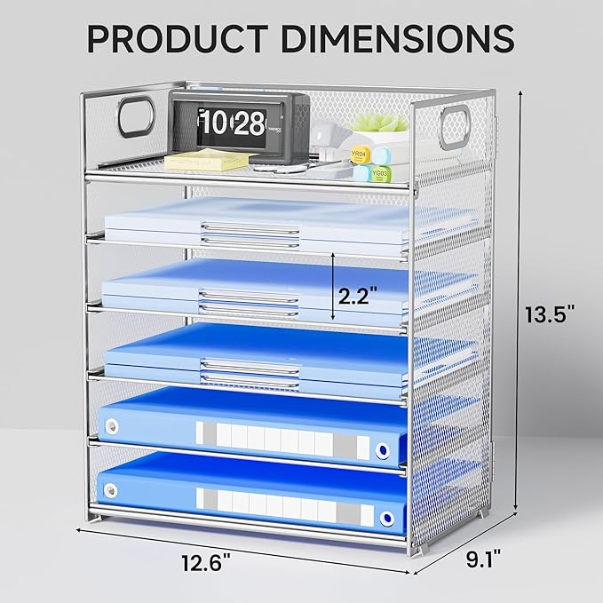 Paper Organizer for Desk with Handle, 6-Tier Silver Metal Mesh File Organizer | Stackable Desktop Organizer for Office Supplies & Home Organization