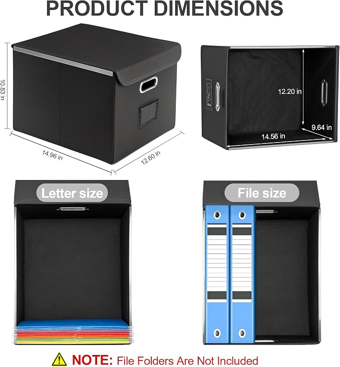 Hleelomi Collapsible File Box with Lid & Plastic Slide - Hanging Document Organizer for Office/Home, 14.96x12.6x10.83 Inch,Decorative Home File Bin,Black, 1 Pack (No Folders Included)