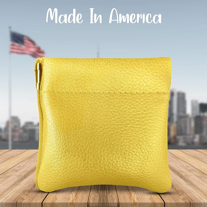 Nabob Leather Genuine Leather Squeeze Coin Purse, Coin Pouch Made IN U.S.A. Change Holder For Men/Woman Size 3.5 X 3.5 (Yellow)