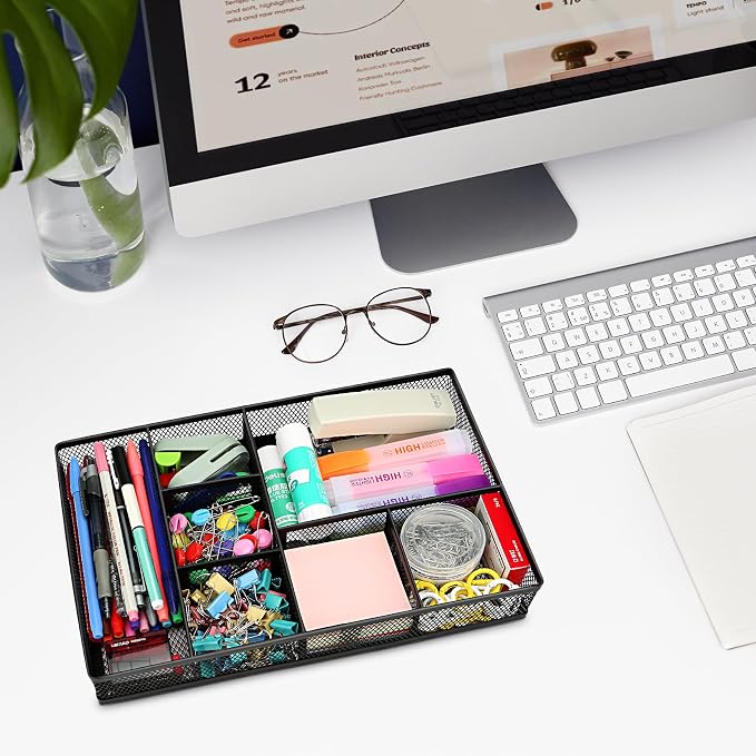 shenee Desk Drawer Organizer Tray,Drawer Organizer for Office and Home,Desk Organizer with Drawers,7 Compartments,Non-Slip Desk Organizers (Black, 12.3" L x 8.3" W x 1.8" H)