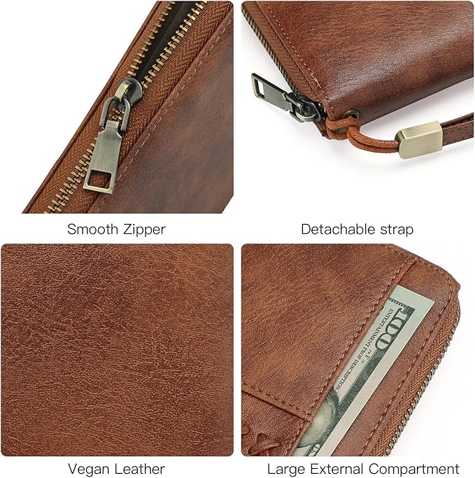GOIACII Wallet for Women Ladies Wristlet Long Purse Zip Around Clutch RFID Blocking Vegan Leather