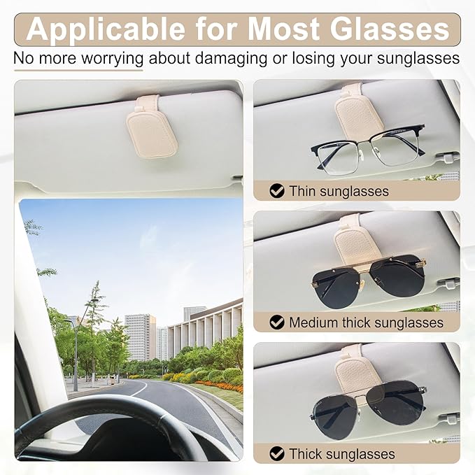 SINGARO Sunglasses Holder for Car, Leather Magnetic Buckle Sun Visor Sunglass Clip, Ticket Card Storage Glasses Clip, Car Interior Accessories for Men and Women（Beige）