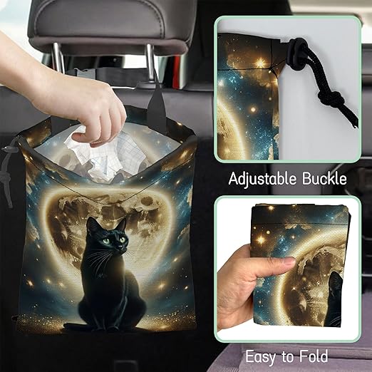 Black Cat Car Trash Bag,Full Moon Hanging Drawstring Car Garbage Bag,Waterproof Canvas Car Back Seat Organizer with Adjustable Buckle,for Vehicles,SUVs,Camping,Road Trips
