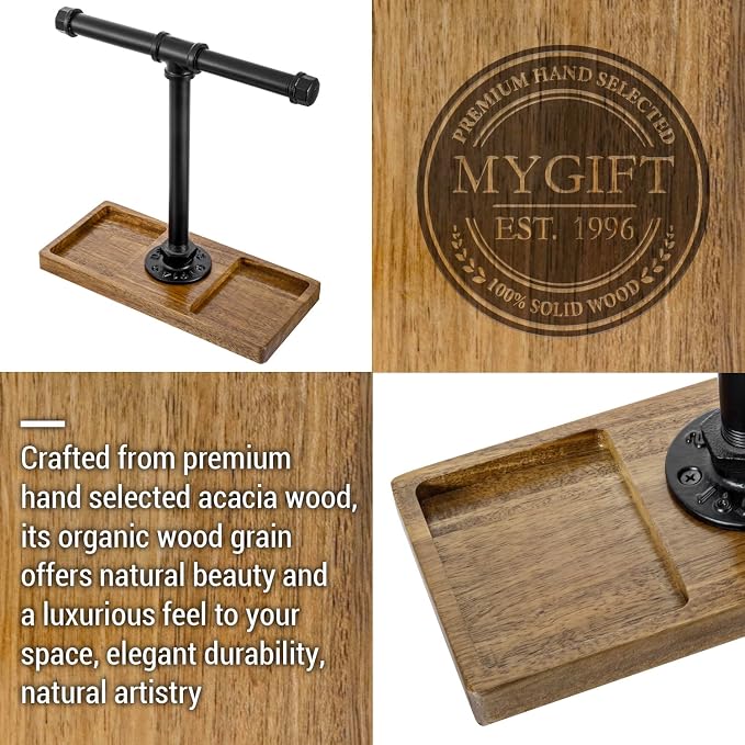 MyGift Premium Acacia Solid Wood and Industrial Black Metal Pipe T-Bar Over Ear Headphones Holder, Tabletop Dual Headphone Display Stand with Accessories Tray