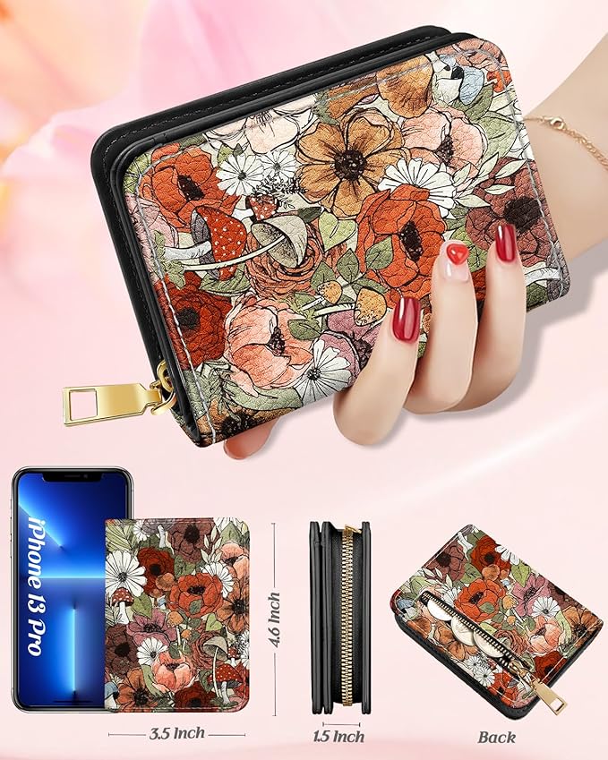 Bistup Credit Card Holder Wallet for Women Cute Leather Ladies Teen Girls Female Cardholder Wallets Accordion Purse Small Medium Aesthetic Print Mushroom Flower Unique Modern Design Rfid Zipper Around