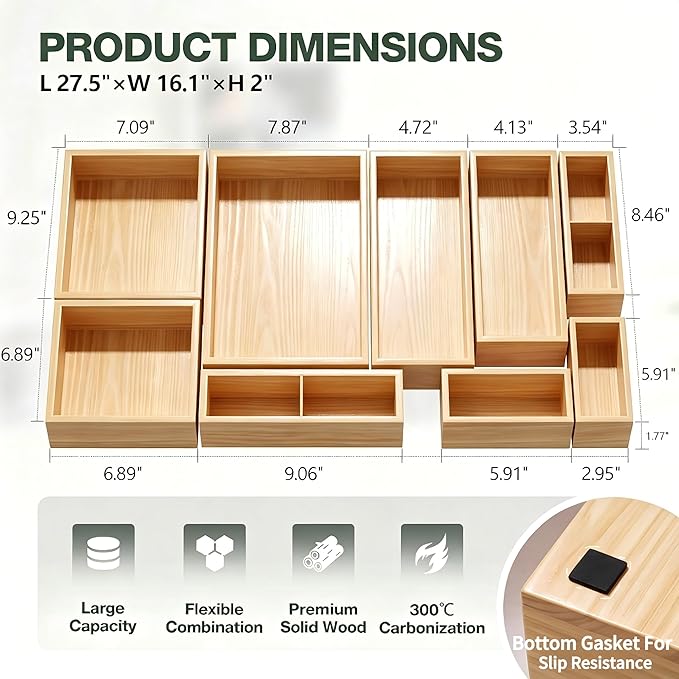 9-Pack Solid Wood Junk Drawer Organizer, Modular Desk Drawer Tray & Accessories with Non-Slip Pad, Multi-Use for Kitchen, Office, Bedroom Dresser, Utensil, Makeup, Stationery, Tea Bags & Coffee Pod