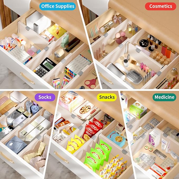 Drawer Dividers Organizer, Adjustable Separators 4" High Expandable from 11-17" for Bedroom, Bathroom, Closet, Clothing, Office, Kitchen (Beige, 8 PACK)