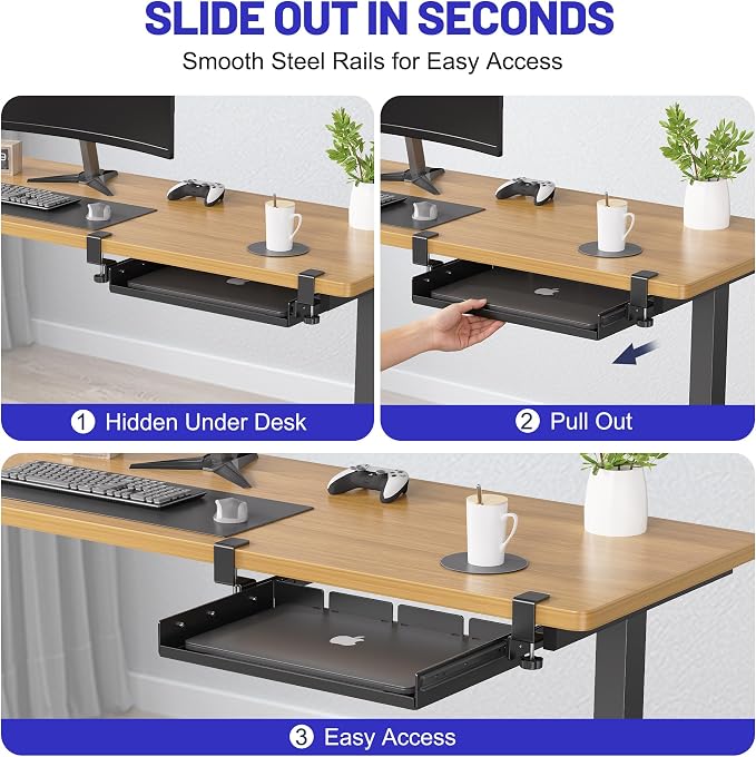 Sliding No Drill Under Desk Laptop Mount, Metal Under Desk Storage Shelf with Cable Management, Slide Out Laptop Storage Tray for MacBook, Mac Mini, Fits Office Workstations(Black with slid rail)