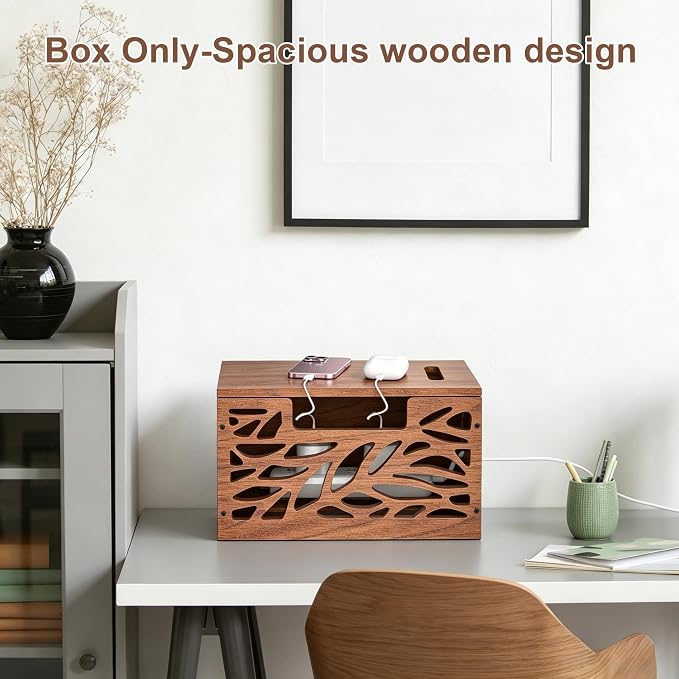 Wooden Cable Management Box, Large Cord Hider Box & Cable Organizer Box for Power Strips, Electrical Cords, Desk & Floor Cables Suitable for Home & Office