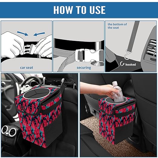 Car Trash Can With Lid - Red Flower Auto Garbage Bag, Leak-Proof Storage Bag, Hanging Headrest Bin, Collapsible and Portable With Storage Mesh Pocket