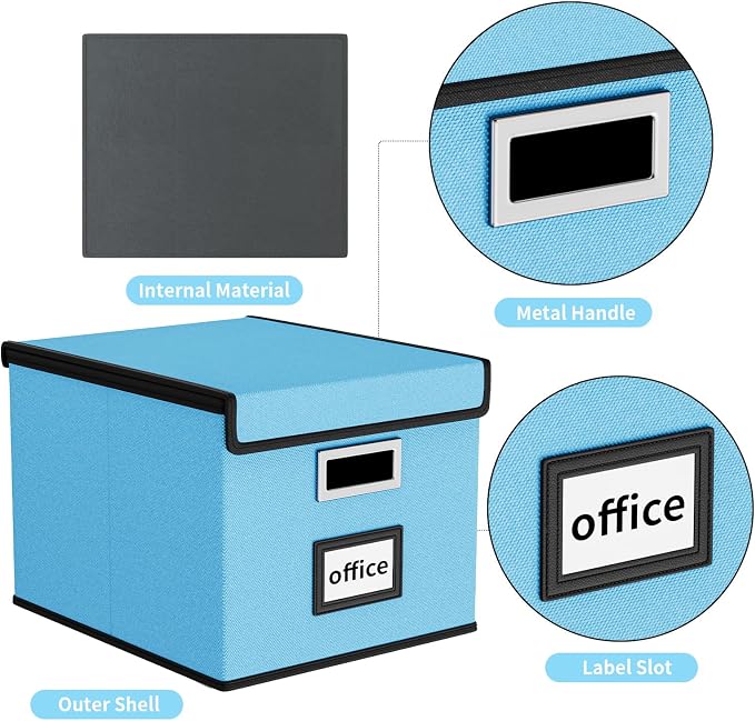 File Organizer Box with Lid, Collapsible File Folder Organizer for Office Document Storage, Filing Box with Plastic Slide for Letter Size Hanging File Folders(1 Pack, Sky-blue)