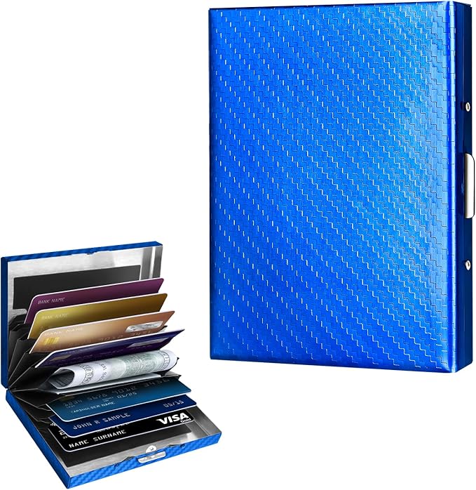 Textured Stainless Steel RFID Card Holder – Anti-Slip Etched Metal Credit Card Case with Unique Chevron Pattern – Slim Wallet for Men & Women (Blue)