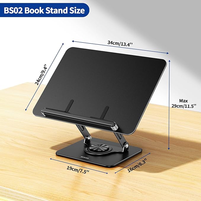 BESIGN BS02 Book Stand for Reading, Adjustable Book Holder, Ergonomic Laptop Stand, Cookbook Stand, Recipe Book Holder with Elastic Page Clips for Music Scores, Recipe, Tablet