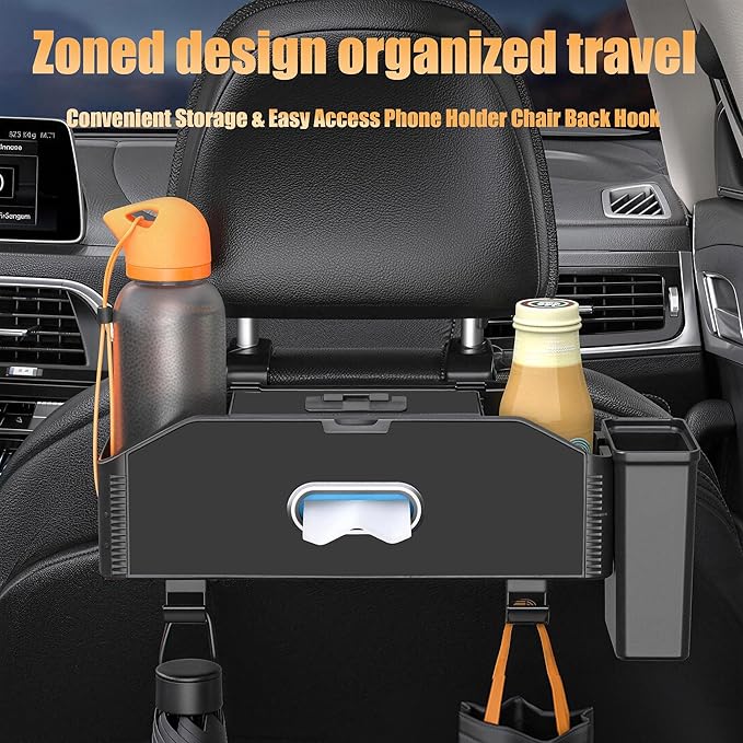 Back Seat Car Organizer,5 in 1 Multifunctional Car Backseat Storage Box with Trash Can Drink Cup Holder Tissue Box, for Hold Phone,Snacks, Drinks, Handbag-Black