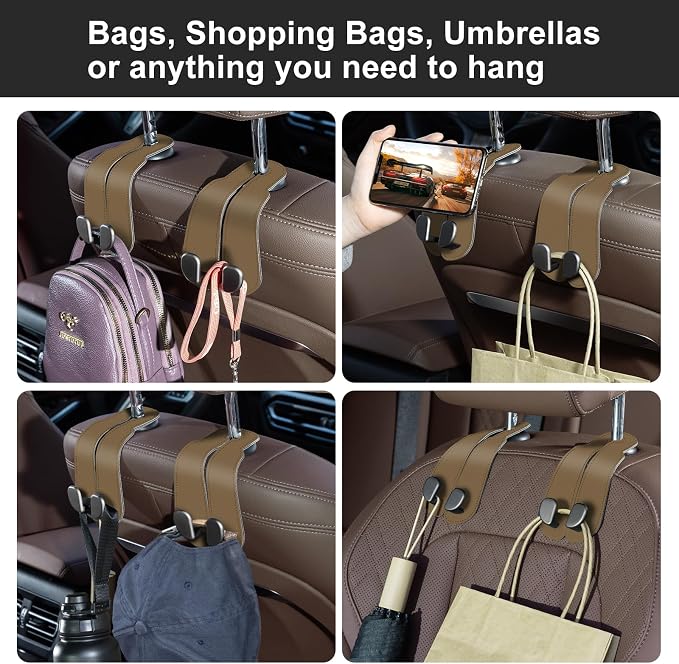 CoBak Purse Hook for Car - Universal Premium Stitched Leather and Aluminum-Magnesium Alloy Double Car Seat Back Storage Hook for Purses, Handbags, Bags (2 Pack),Khaki Beige