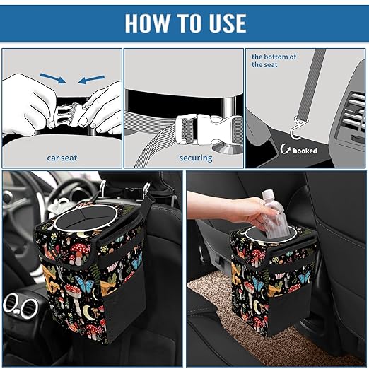 Car Trash Can with Lid Vintage Mushroom Ferns Floral Collapsible Reusable Leak-Proof Auto Garage Bag,Hanging Vehicle Car Accessories Interior Car Organizer