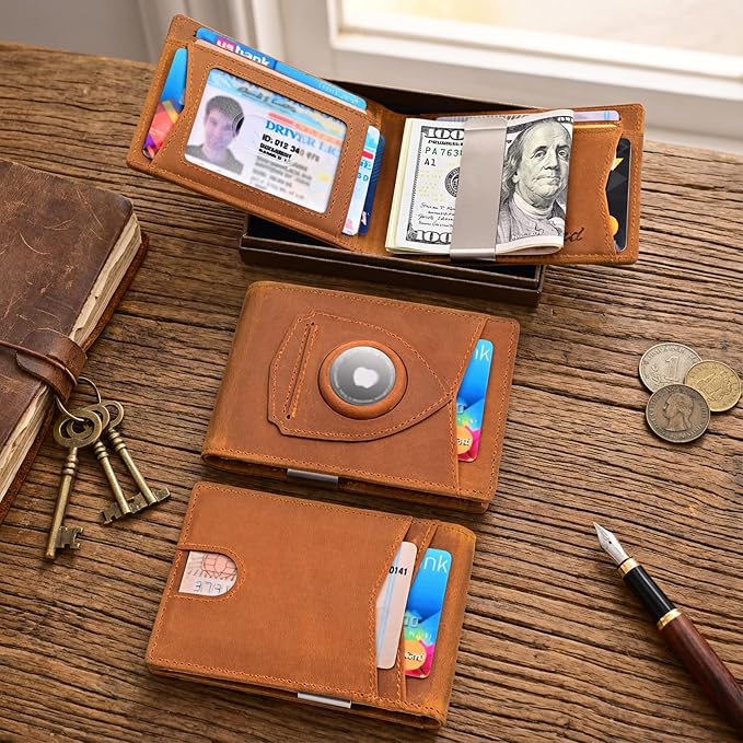 kinzd Slim Wallet with Money Clip RFID Blocking Minimalist Bifold Wallet for Men Genuine Leather Front Pocket Card Holder