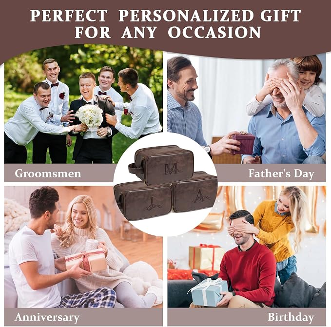 Janhavi Shaving Bag for Men Travel Waterproof, Engraved Initials & Mountain, Make Up Bag,Groomsmen Gifts, Mens Toiletry Travel Bag, Men's Accessories Organizer, Gifts for Him(Dark Brown L)